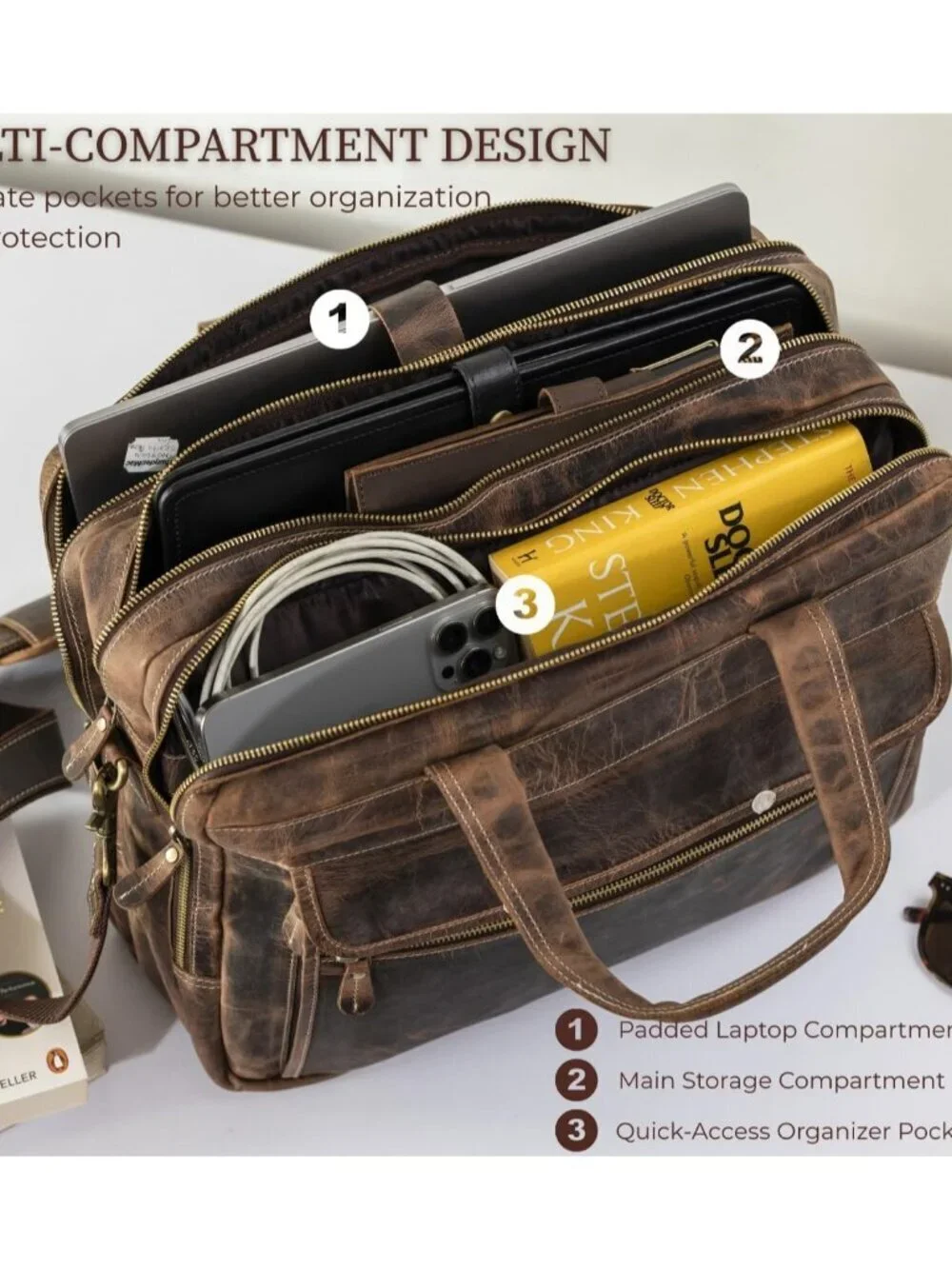 Men's Vintage Brown Genuine Leather Vintage Adjustable Strap Messenger Hand Bag